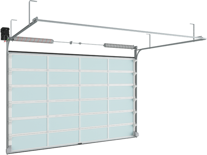 Промышленные секционные ворота из алюминиевых панорамных панелей с торсионным механизмом ISD02